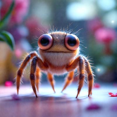 The primary subject of the image is a small, cute, and creepy-looking spider with big eyes. It is standing on a table, surrounded by a pink flower and a vase. The setting appears to be indoors, with a potted plant in the background. The visual style of the image is a combination of photo and digital art, creating a unique and intriguing scene. The colors and mood of the image are predominantly pink and creepy, with the spider's
